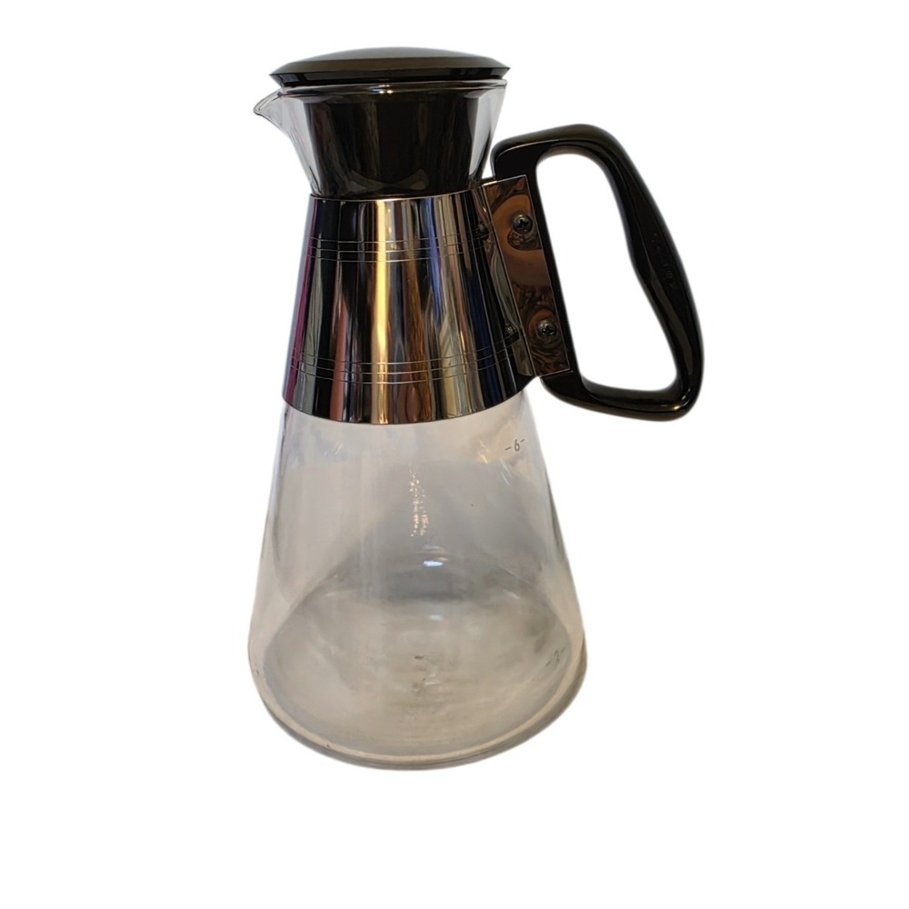 Vintage Pyrex for Silex 6 Cup Glass Coffee Carafe‎ Chrome Band Black Handle MCM
